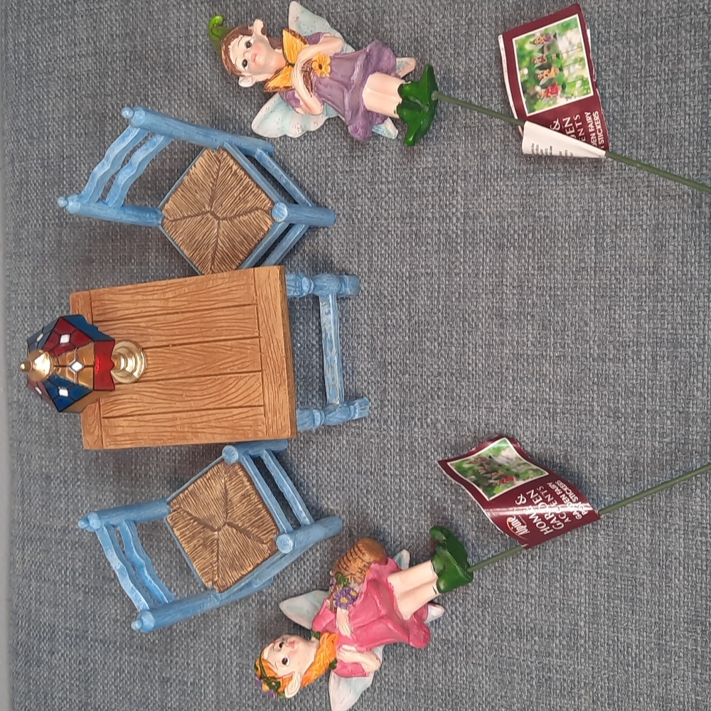 Fairy Garden Set Table Chairs Fairy Figures Stakes Miniature Indoor Outdoor Play